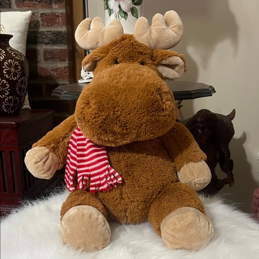 🫎🥥🥔Plush Moose Toy with Red Striped Scarf